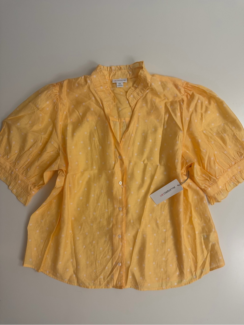 NWT Liz Claiborne Polka Dot Collared Button-Up Puff Sleeve Blouse, XXL